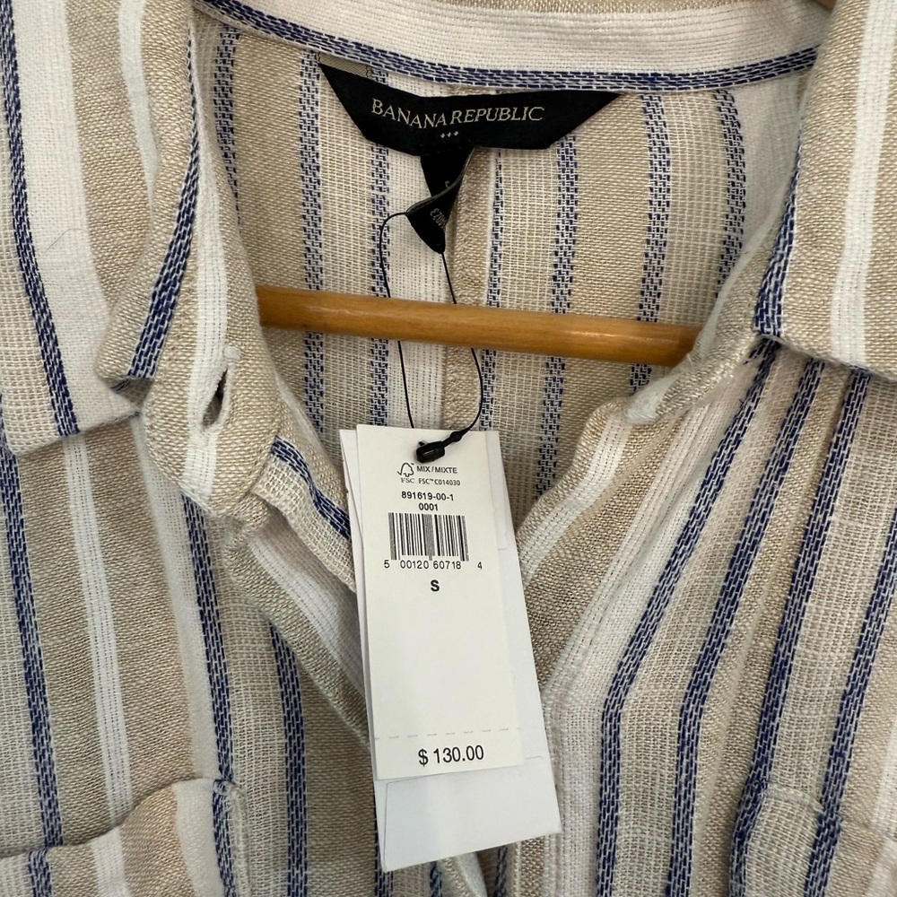 Banana Republic Beige and Blue Striped Shirtdress